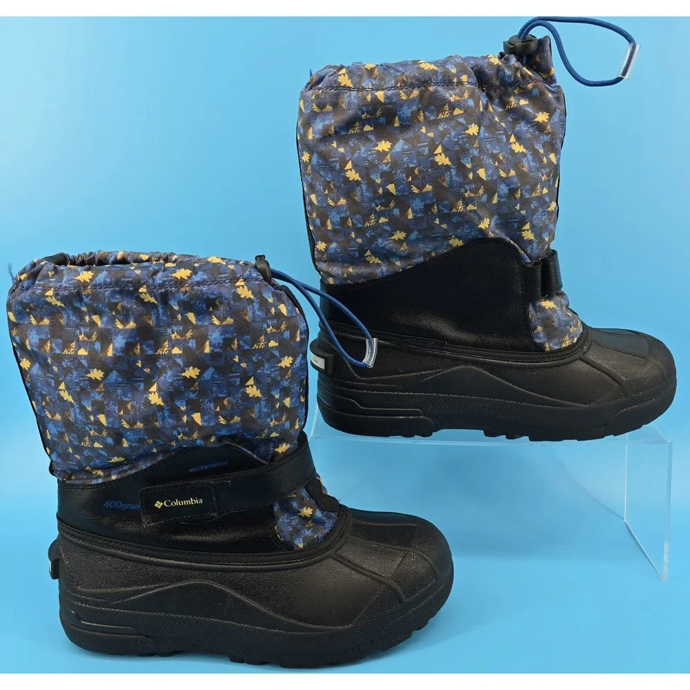 Columbia Kids Powderbug Snow Boot Sz 6 Forty Print‎ Black Blue 400g Waterproof